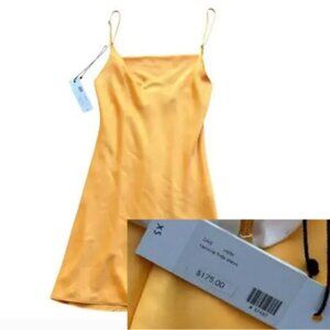 NWT XS Hemline Yellow Orange Satin Cowl Neck Mini Slip Dress